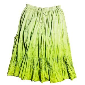 Green Ombre Boho Maxi Skirt With Elastic Waist & Embroidery By Ishyu Size XL